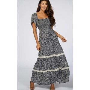 In Loom M Floral Smocked Puff Sleeve Square Neck Boho Tiered Maxi Dress Peasant